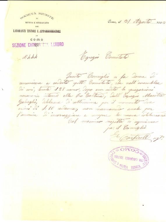 1903 COMO Lettera Società Lavoranti Tintori e Apparecchiatori *DANNEGGIATA