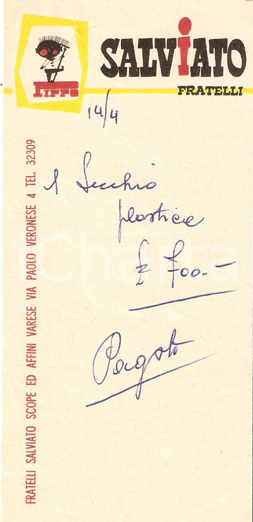 1965 ca VARESE Fratelli SALVIATO Scope PIPPO *Ricevuta 8x17 cm