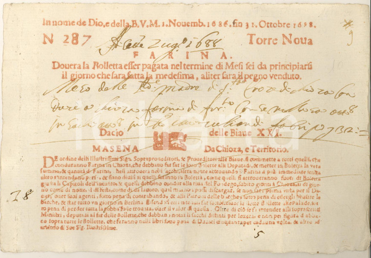 1686 CHIOGGIA - Provveditori alle Biave - Bolletta per farina - Dazio 