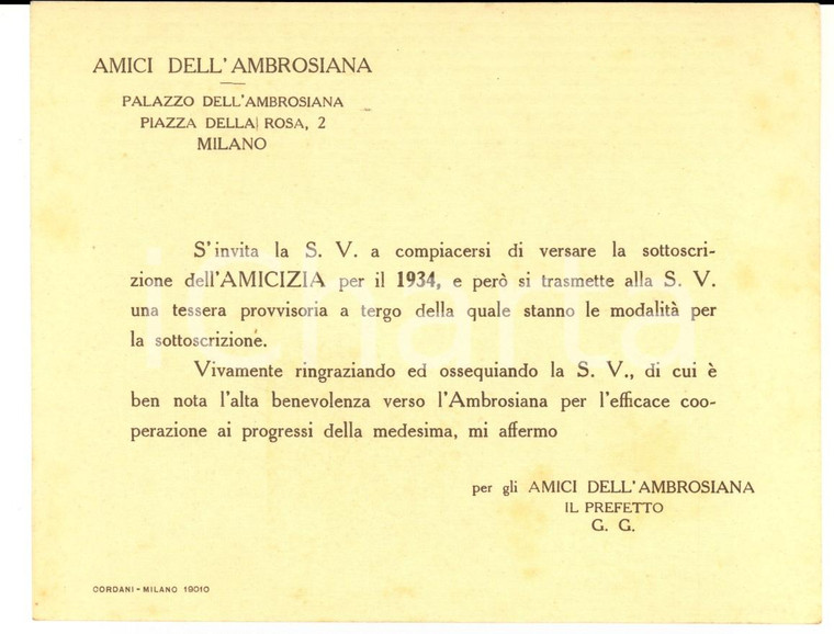 1934 MILANO AMICI DELL'AMBROSIANA Invito per sottoscrizione tessera