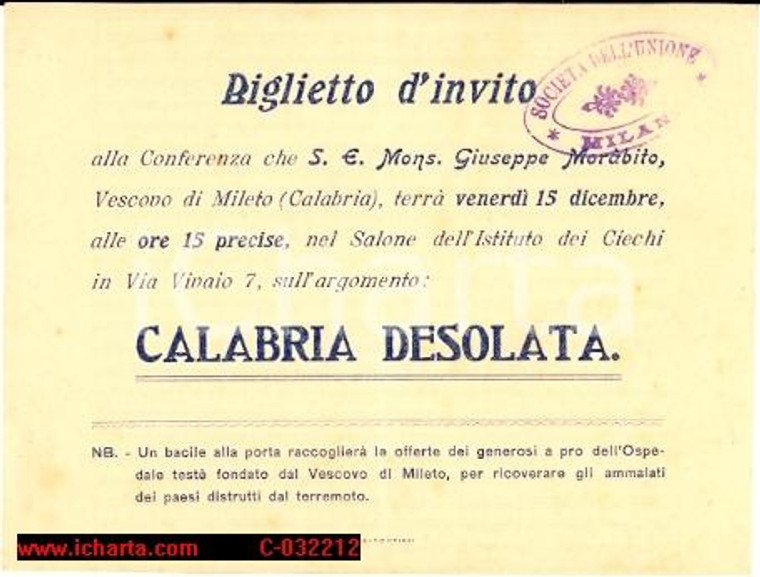 1920 - CALABRIA DESOLATA Mons. G. Morabito, invito