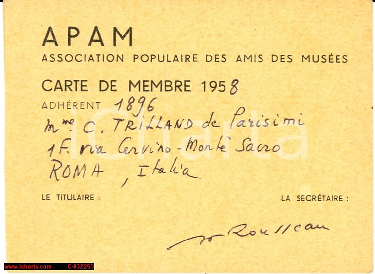 1958 PARIS APAM Tessera Jeanne-Cecile TRILLAND PARISINI
