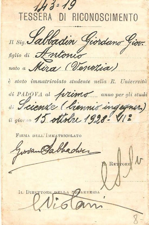 1928 GIORDANO SABBADIN (Nino Burrasca) autografo