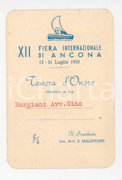 1952 FIERA ANCONA Tessera Onore BORGIANI GINO