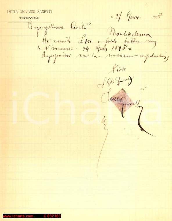 1896 TREVISO Ricevuta della farmacia Giovanni ZANETTI *Carta intestata