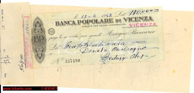 1947 BANCA POPOLARE DI VICENZA assegno in protesto