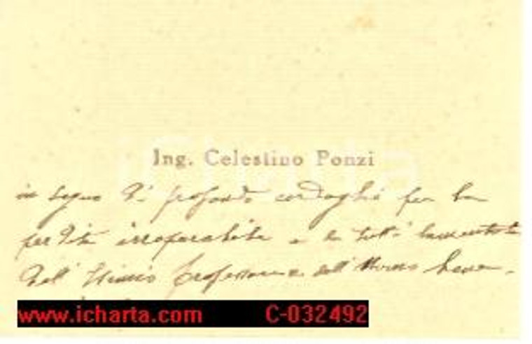 1890 Ing. CELESTINO PONZI biglietto visita e nota