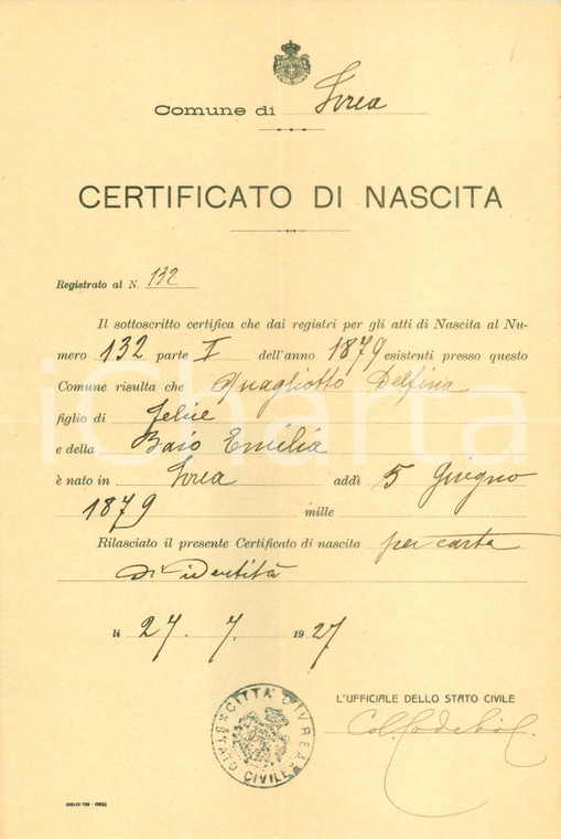1927 IVREA (TO) Certificato di nascita di Delfina QUAGLIOTTO *Documento