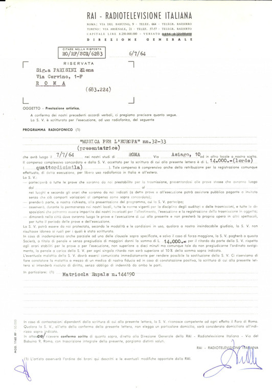 1964 RAI ROMA Contratto prestazione artistica per Elsa PARISINI Programma radio