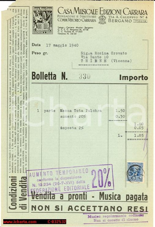 1940 BERGAMO Casa Musicale Edizioni CARRARA Acquisto disco Rosina CROVATO