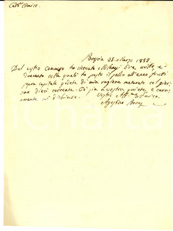 1832 BRESCIA Ricevuta di Agostino BOVES a Pietro BORGHETTI per saldo frutti 