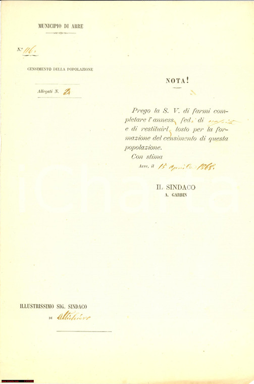 1868 ARRE (PD) Comunicazione sindaco Altichiero