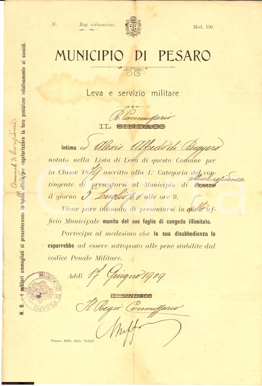 1909 Pesaro - leva militare Alexis Alfredo