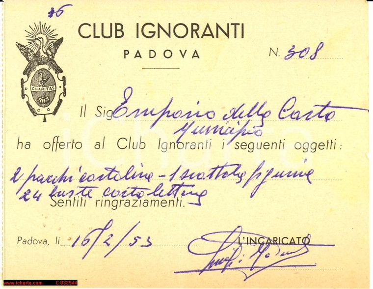 1953 Padova, Club Ignoranti Charitas in Laetitia"