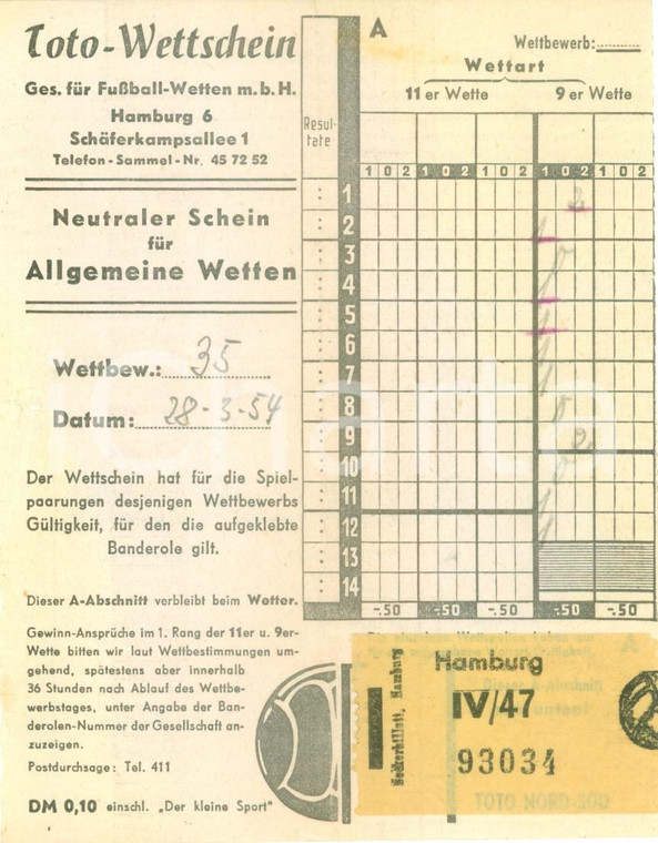 1954 HAMBURG (DE) Calcio Schedina giocata TOTO-WETTSCHEIN Serie A