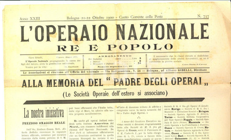 1900 L'OPERAIO NAZIONALE Società Operaie ricordano Umberto I padre degli operai