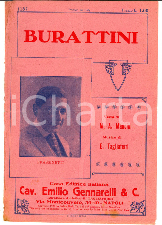 1923 MANCINI - TAGLIAFERRI Burattini *Spartito musicale Emilio GENNARELLI