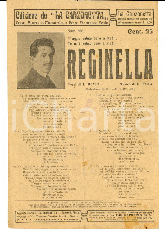 1917 L. BOVIO - G. LAMA Reginella *Spartito LA CANZONETTA DANNEGGIATO