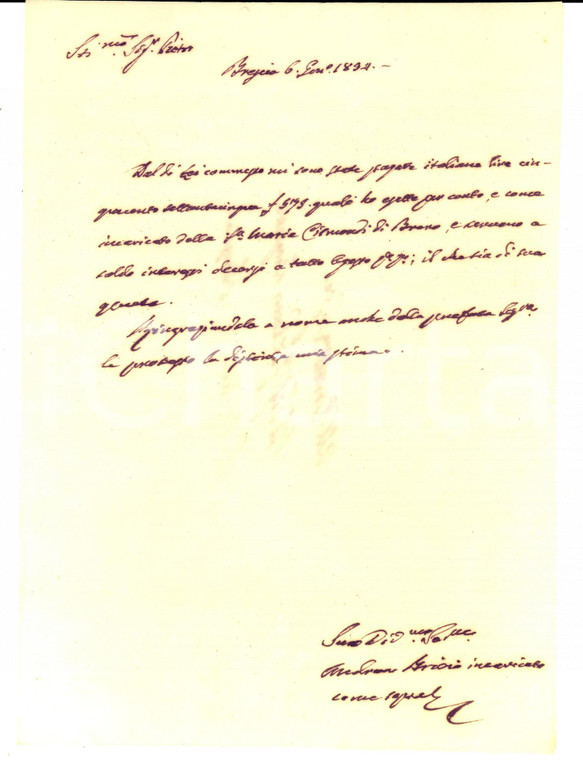 1834 BRENO (BS) Andrea BRIVIO rilascia ricevuta per conto di Maria CISMONDI