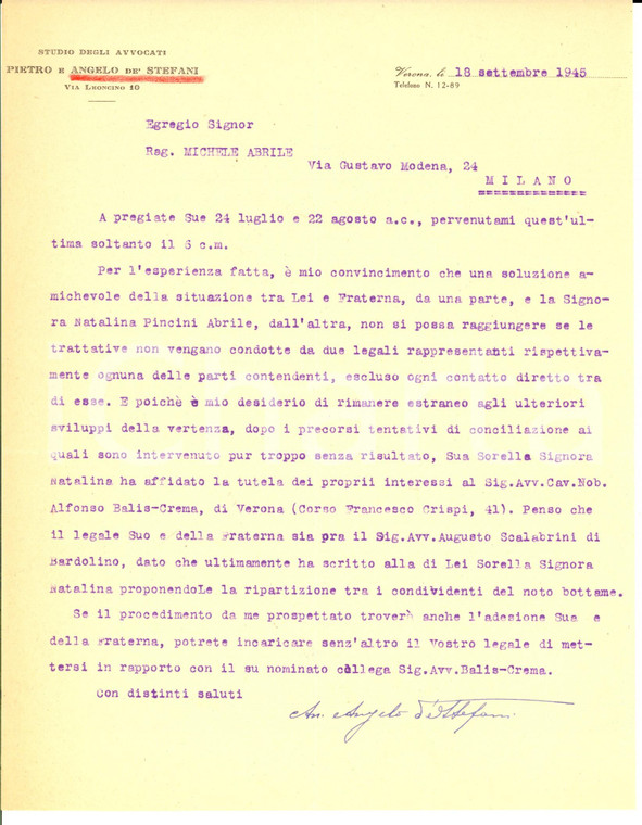 1945 VERONA Avv. Angelo DE STEFANI cerca soluzione amichevole *Lettera