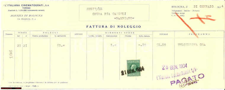 1934 L'ITALIANA CINEMATOGRAFI S.A. Noleggio BARBIANO