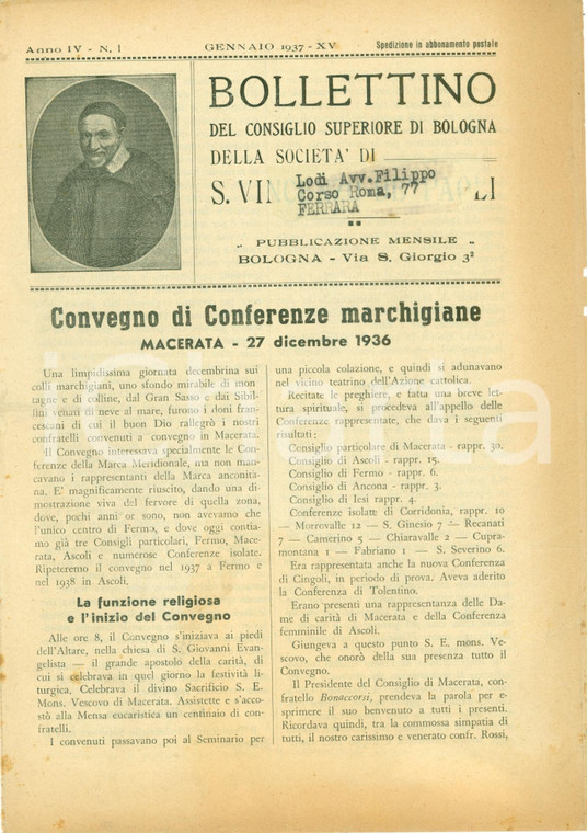 1937 BOLOGNA Società San Vincenzo DE PAOLI Conferenze marchigiane *Bollettino
