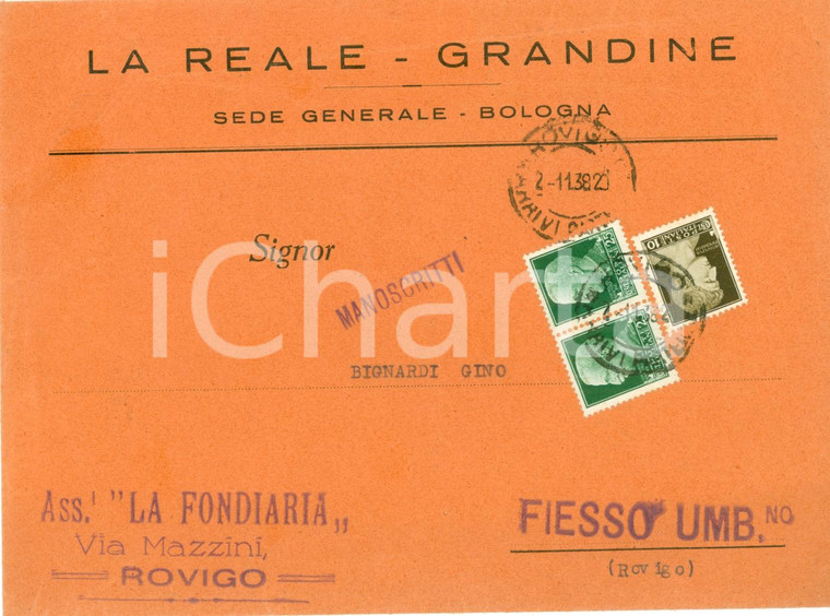 1938 BOLOGNA Assicurazioni LA REALE - GRANDINE Busta intestata