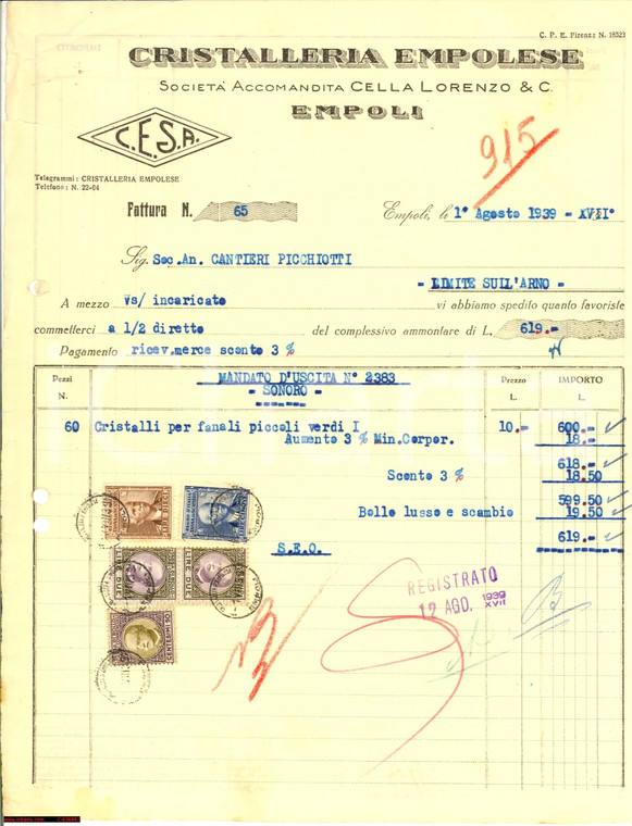 1939 EMPOLI (FI) CESA Cristalli per CANTIERI PICCHIOTTI