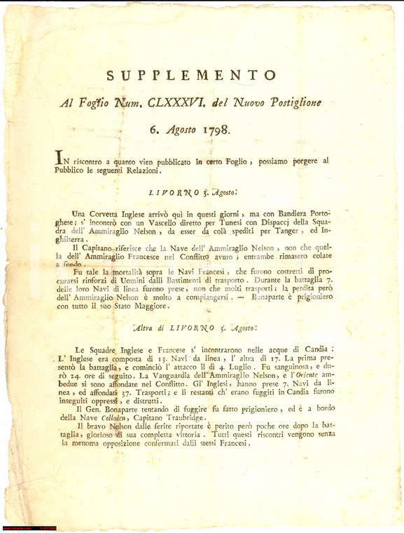 1798 Horatio NELSON morto ad Abukir - FALSO STORICO - RARO