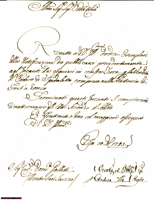 1783 Incanto beni FONTE AL RONCO - lettera