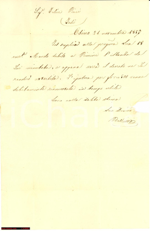 1857 OSIMO (AN) BELLINI invia istanza a Felice RICCI