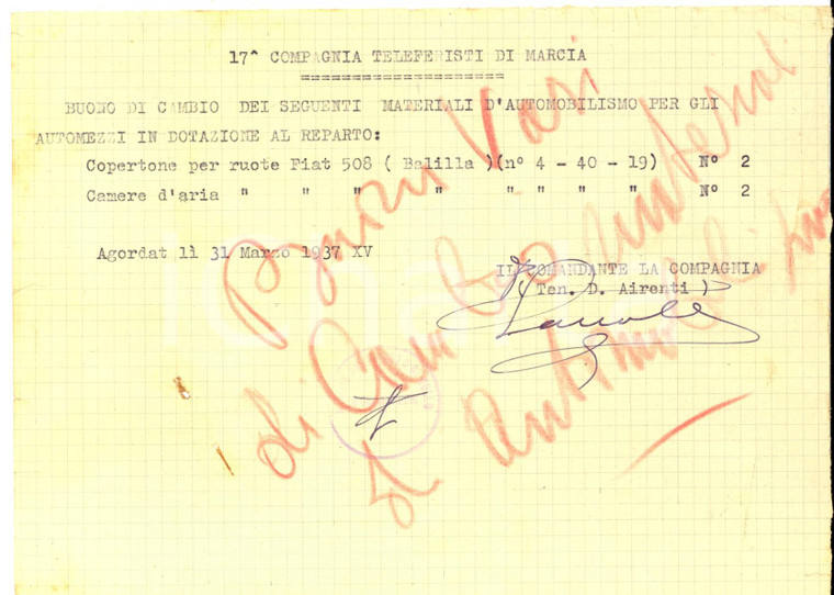 1937 AGORDAT (ETIOPIA) AOI 17° Compagnia Teleferisti di Marcia *Buono di cambio