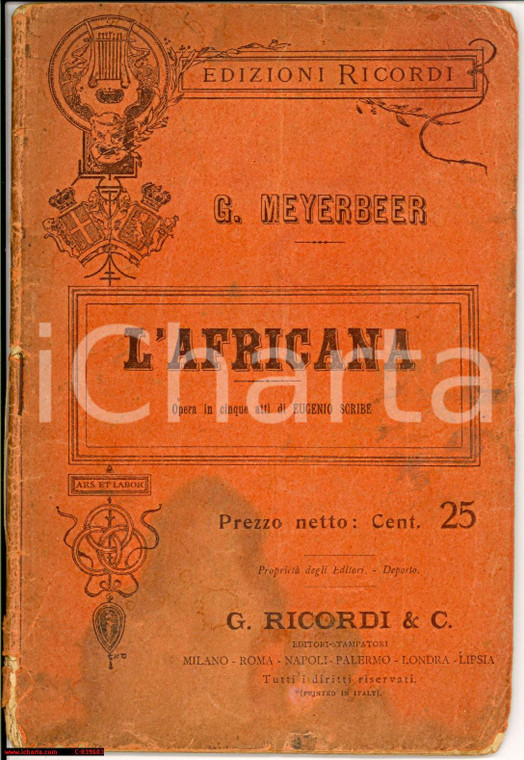 1890 ca. MEYERBEER L'Africana libretto d'opera