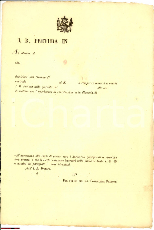 1850 ca MILANO (?) Convocazione in Pretura - modulo