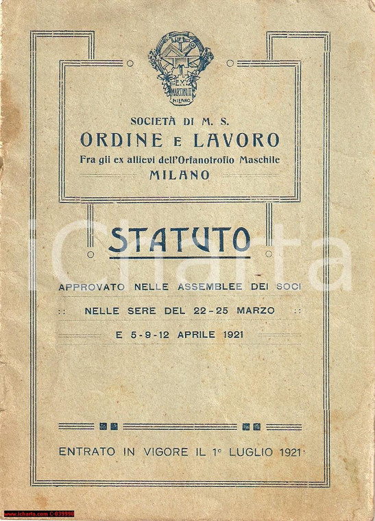 1921 MILANO Soc. ORDINE e LAVORO ex membri Orfanotrofio
