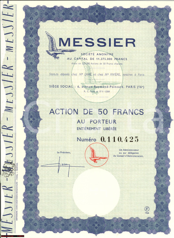 1966 PARIS Action au porteur MESSIER Société Anonyme