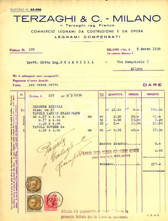 1938 MILANO Franco TERZAGHI & C. Commercio di legnami *Fattura intestata
