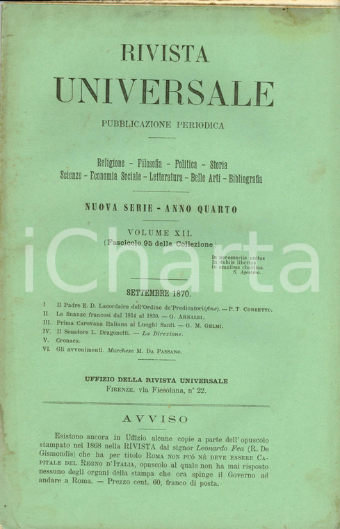 1870 RIVISTA UNIVERSALE Finanze francesi 1814-1830 *Rivista Anno IV n° 95