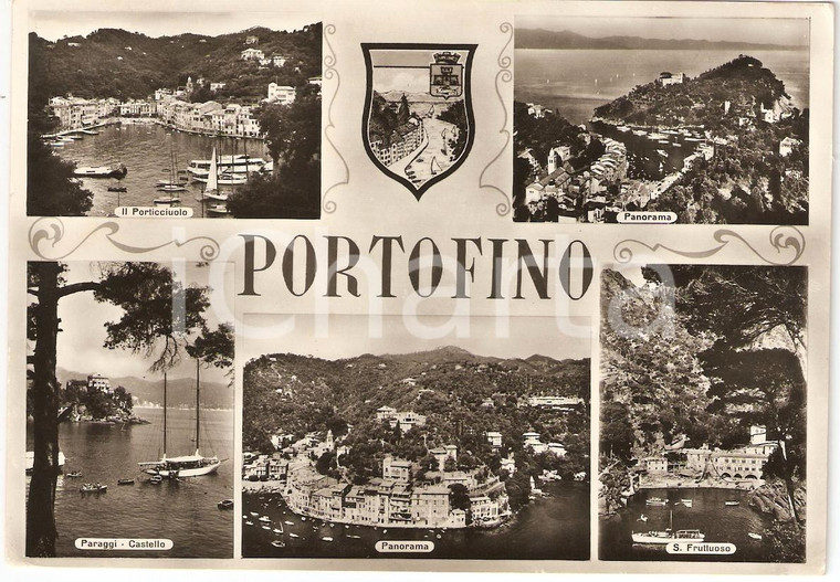 1961 PORTOFINO (GE) Vedutine con PORTICCIUOLO e SAN FRUTTUOSO *Cartolina FG VG