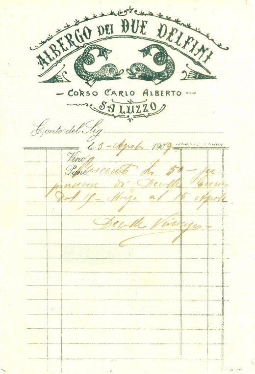 1909 SALUZZO (CN) Albergo DEI DUE DELFINI *Fattura commerciale
