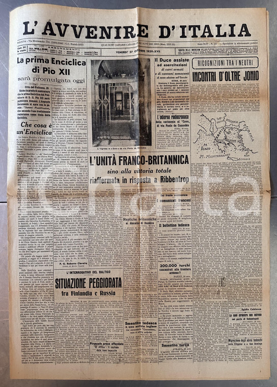 1939 AVVENIRE D'ITALIA Alleanza FRANCIA e INGHILTERRA vs Terzo Reich *Giornale