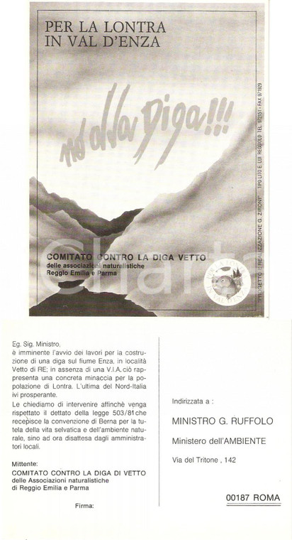 1990 ca VETTO (RE) Nuova diga VAL D'ENZA minaccia le lontre *Cartolina FG NV