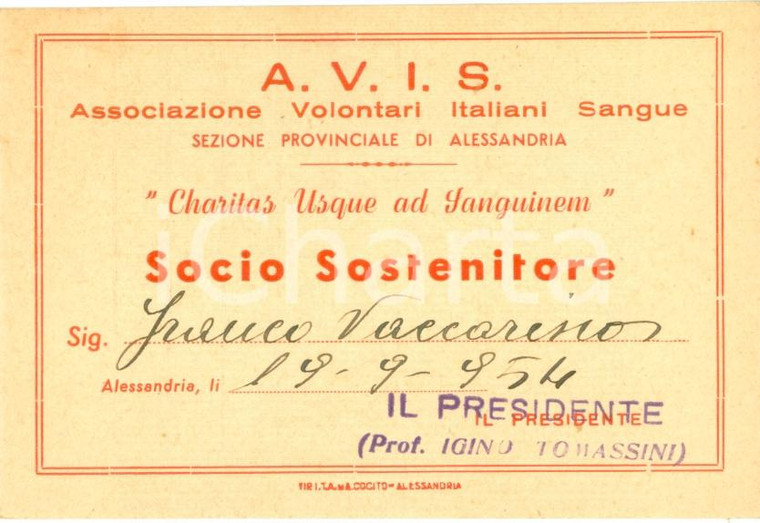 1954 ALESSANDRIA Tessera A.V.I.S. socio Franco VACCARISIO