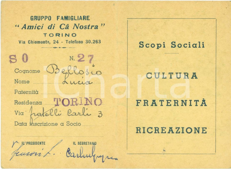 1962 TORINO Gruppo familiare NOSTRA CA' Tessera Lucia BELLOSIO socialismo