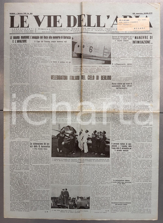 1936 LE VIE DELL'ARIA Squadra Italiana volo a vela gareggia a BERLINO *Giornale