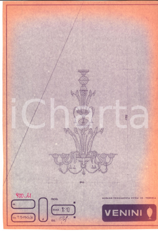 1960 ca MURANO VENEZIA Vetrai VENINI Disegno di lampadario *Copia eliografica