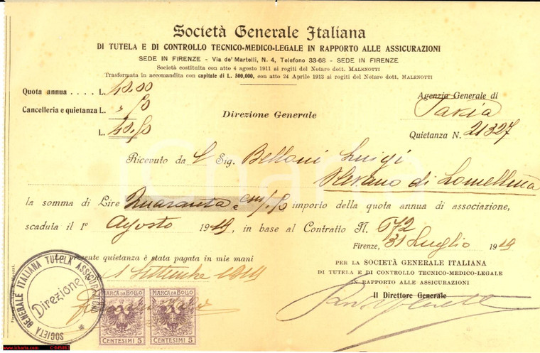 1919 OLEVANO LOMELLINA (PV) Assicurazione Luigi BELLONI