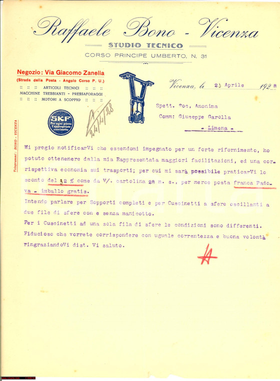 1928 VICENZA Raffaele BONO Studio tecnico - lettera