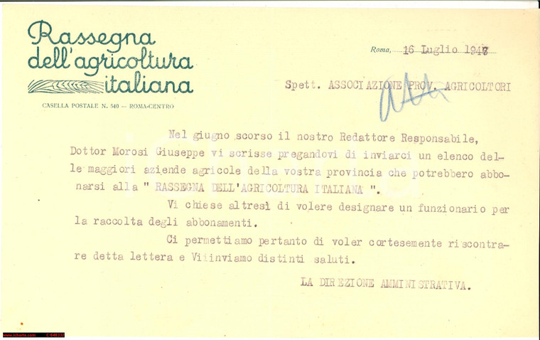 1947 ROMA RASSEGNA AGRICOLTURA ITALIANA abbonamenti