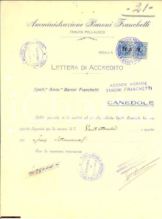 1928 PELLALOCO (MN) Lettera accredito baroni FRANCHETTI